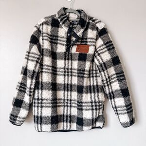 Home Tree Black and White Plaid Sherpa Pull Over Sweater Size Medium